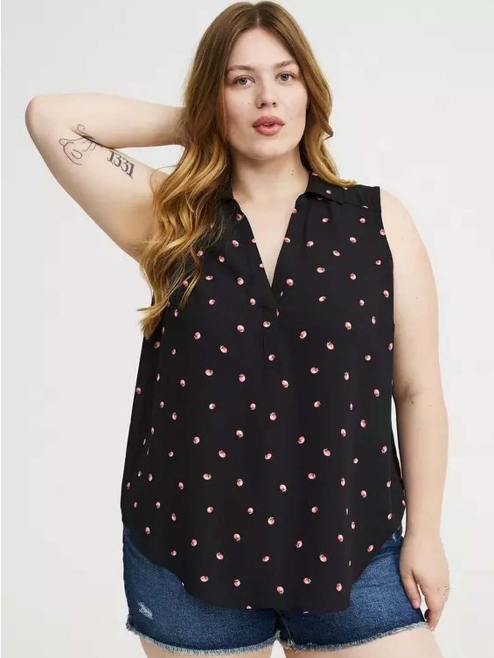 torrid Black Sleeveless Tank with Pink Dot Strawberry Print